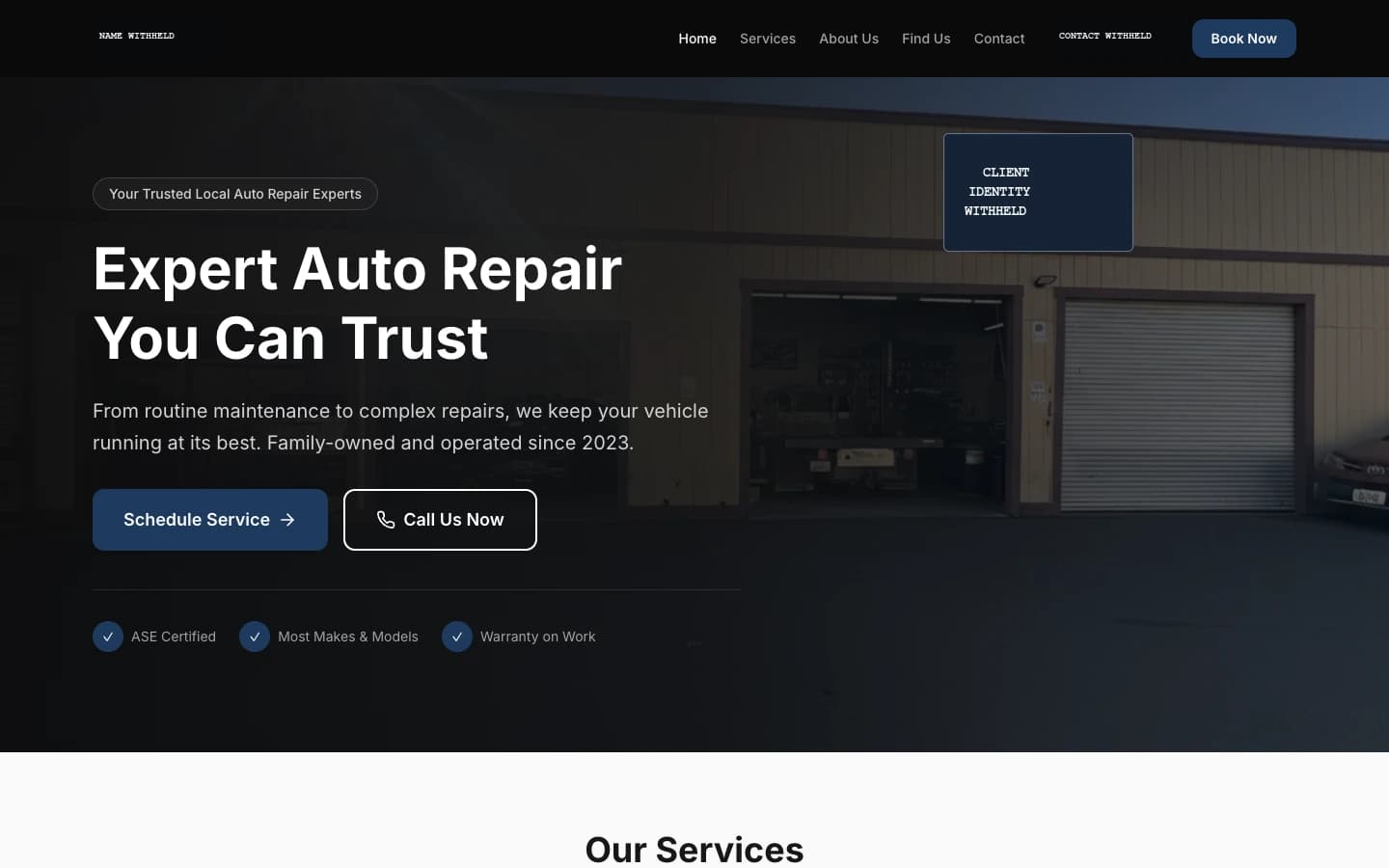 New website for a Petaluma automotive service business, featuring the repair shop and prominent contact actions.