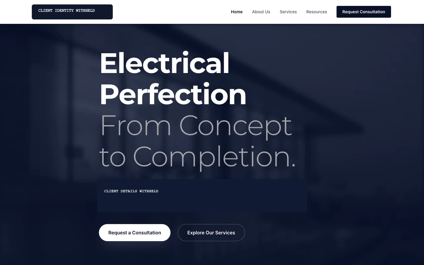 New electrical service homepage with a dark blue hero section and a prominent consultation button.