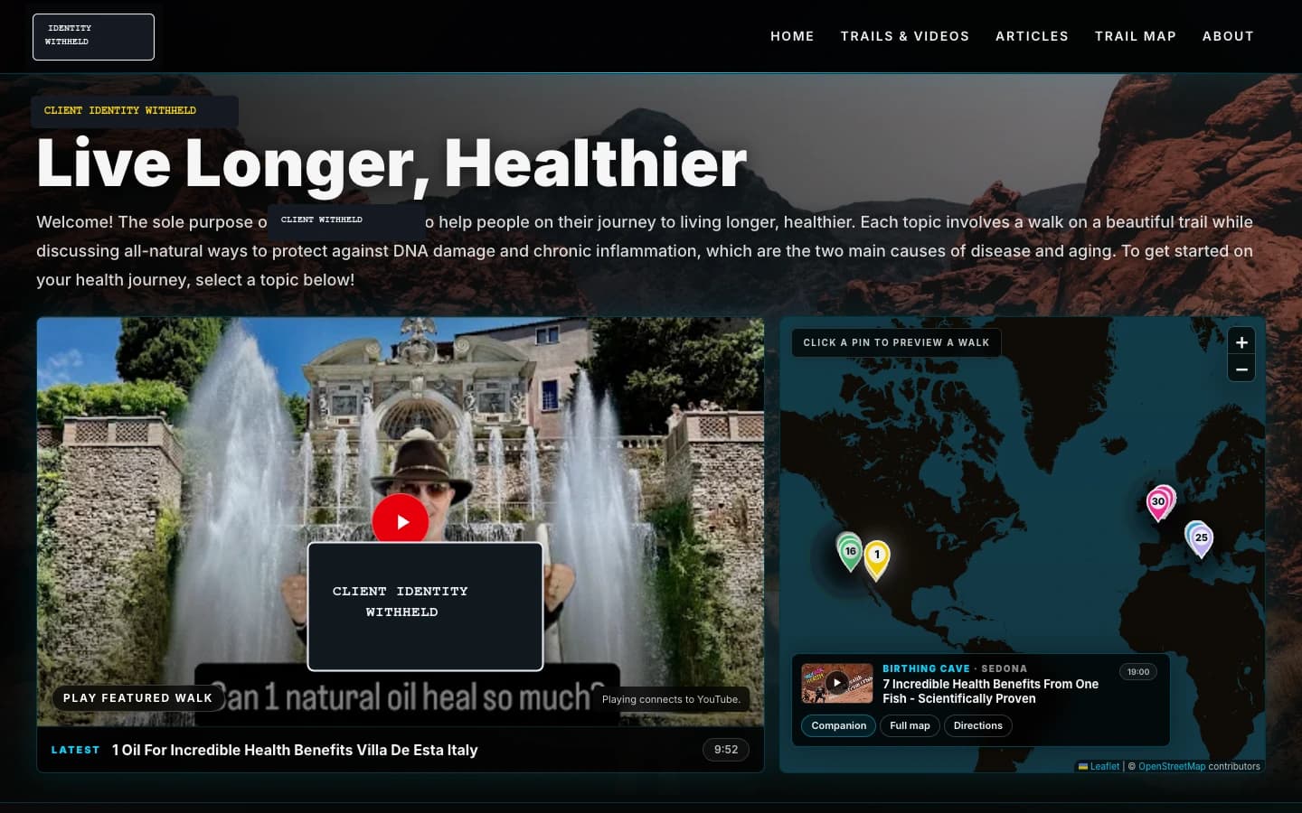 In-progress health video platform homepage with a featured video, topic navigation, and a map of related locations.