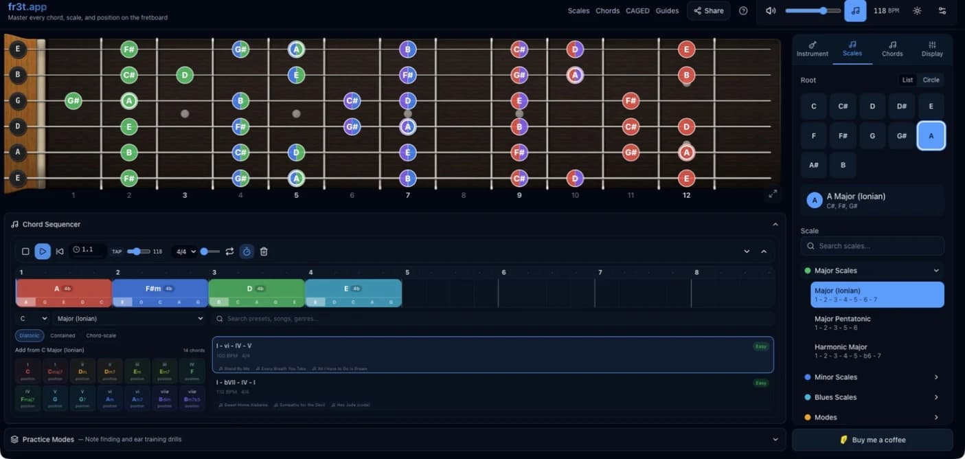 fr3t.app interface with an interactive guitar fretboard and scale, chord, and progression controls.