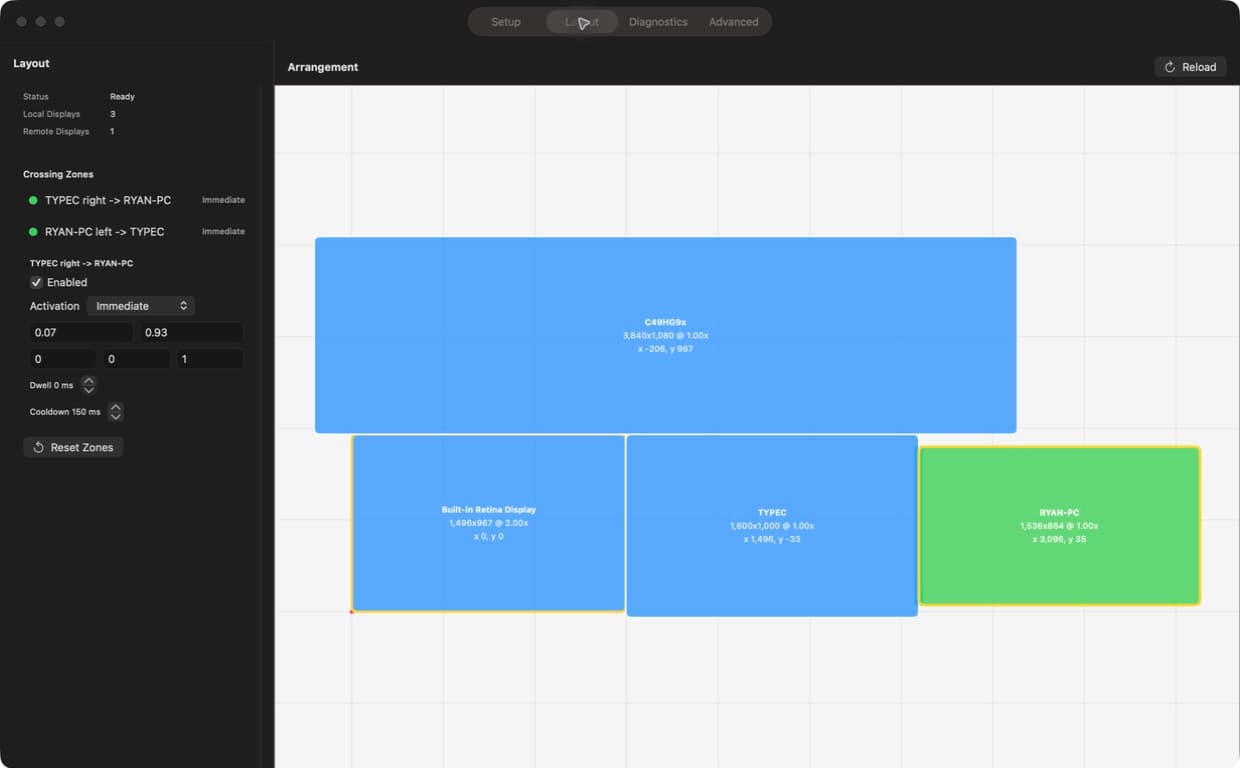 InputShare interface showing several computers arranged for shared keyboard and mouse control.