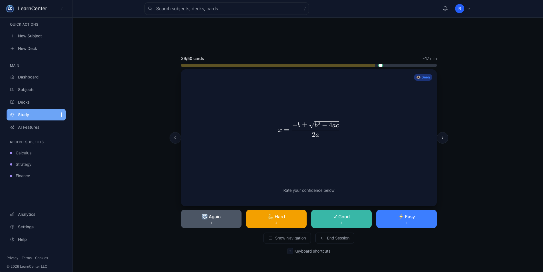 LearnCenter.app dashboard showing AI-powered flashcard study interface