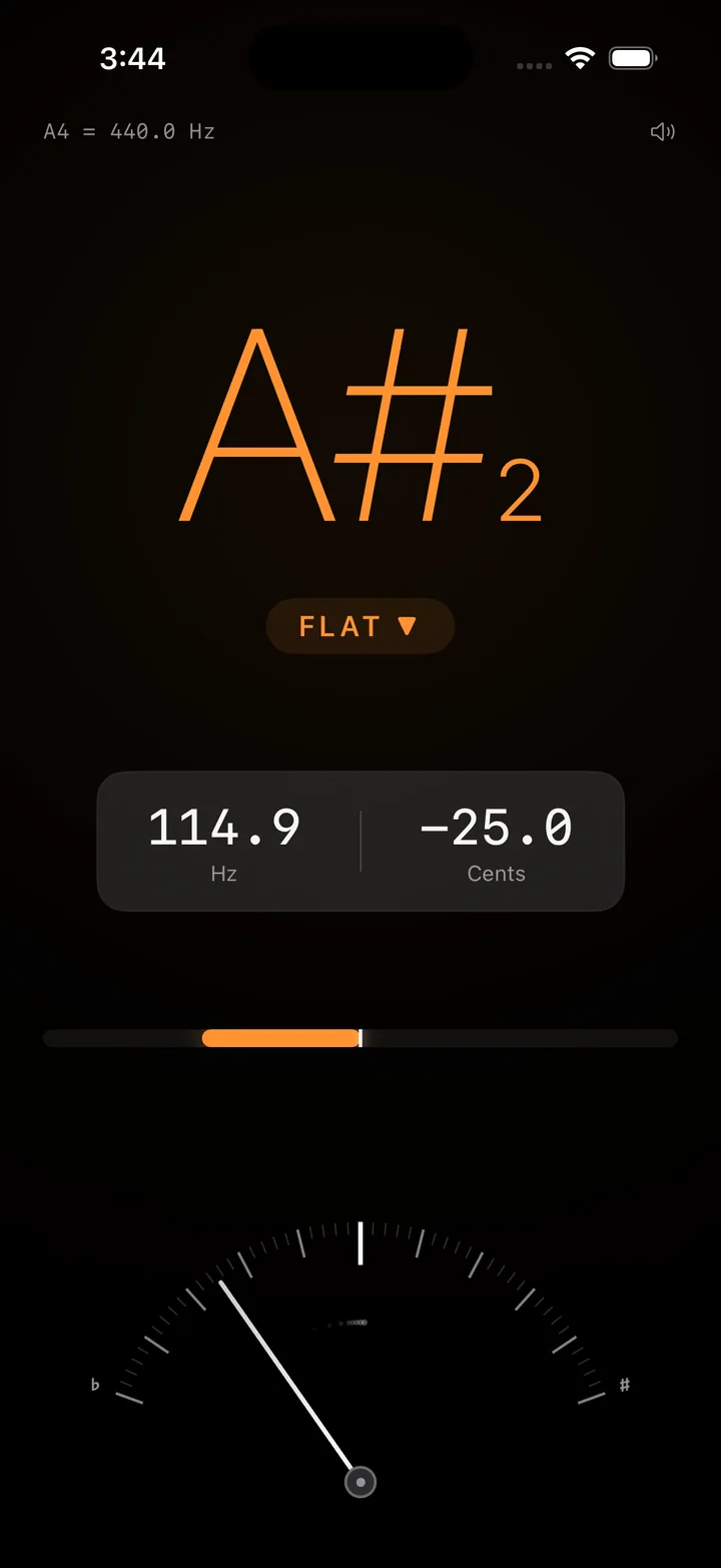 ProTuner chromatic tuner screen showing A sharp tuning feedback